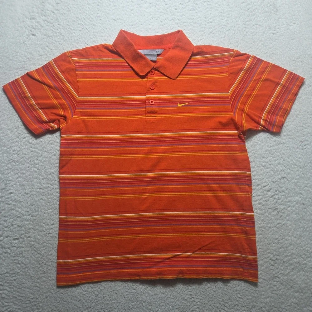 Y2K Nike Polo Mens Medium Short Sleeve Yellow Swoosh Orange Striped
